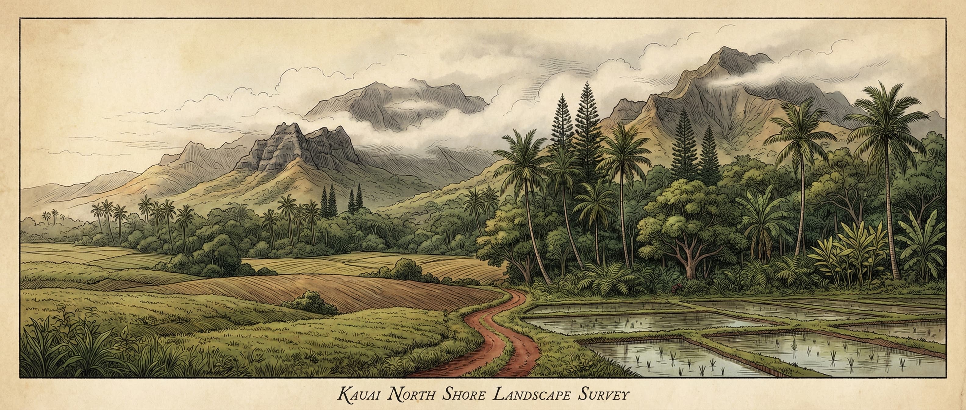 Hand-drawn panorama of Kauai's North Shore landscape with mountains, taro fields, and palm trees