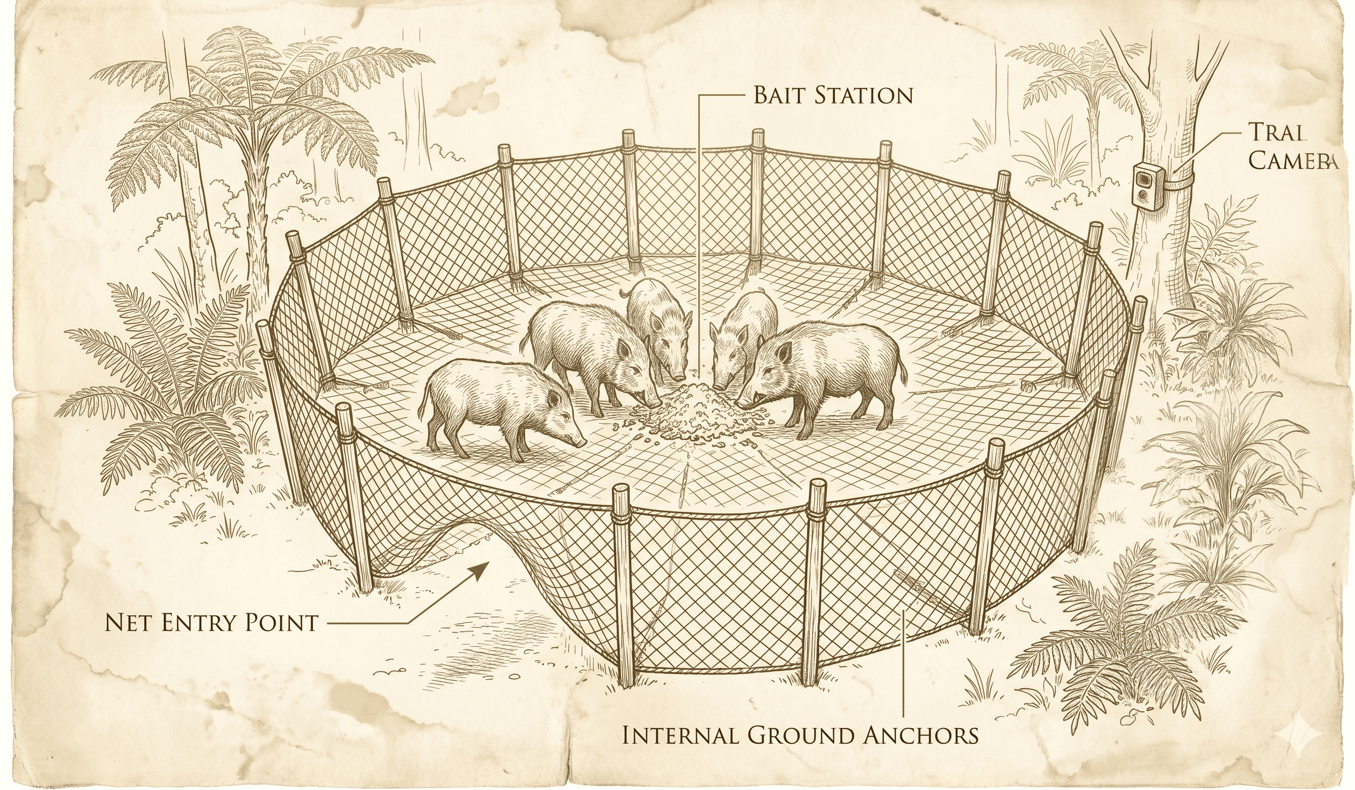 Diagram of the Pig Brig trap system showing bait station, trail camera, net entry point, and internal ground anchors
